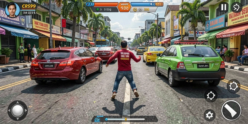 Tangkapan layar gameplay CRS99 yang menunjukkan balapan mendebarkan di jalanan.