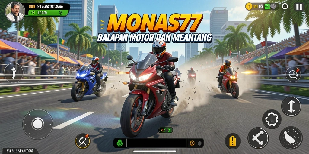 Screenshot gameplay MONAS77 yang menunjukkan balapan motor yang seru.