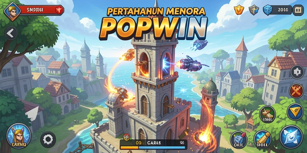 Screenshot utama POPWIN yang menampilkan aksi pertahanan menara yang intens.