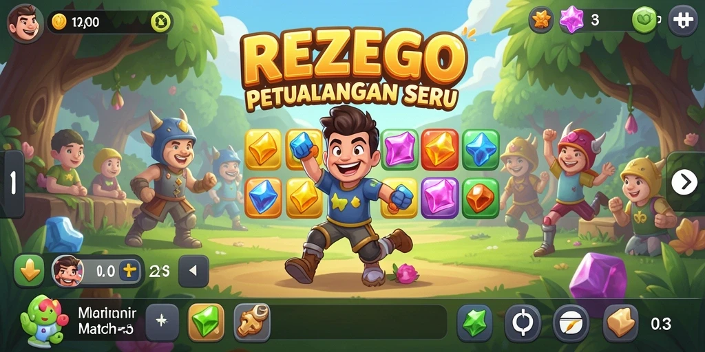 Screenshot gameplay REZEGO menunjukkan keseruan mencocokkan elemen warna-warni.