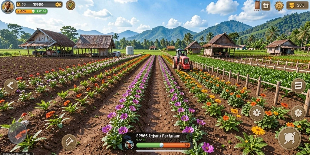 Screenshot gameplay SP666 menampilkan kebun yang subur dan berwarna-warni.